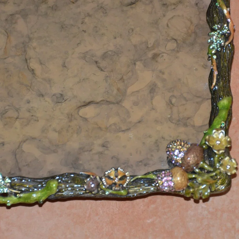 JAY STRONGWATER AUTUMN LEAF TWIG ACORN CRYSTAL ENAMEL MIRROR VANITY TRAY